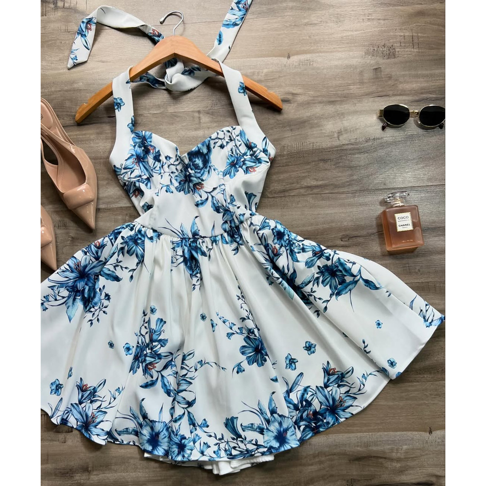ZARA Blue Floral Halter Mini Dress NWT Open Back Fit Flare Sizes M L - Picture 15 of 16